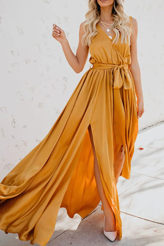 Gold boho maxi dress with V-neckline and tie belt, layered skirt with slit