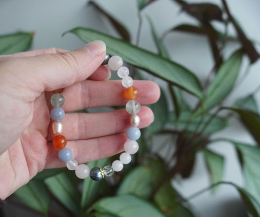 Gemstone Charm Bracelets! Happiness & Purity - Orange Agate - Pink and Purple Freshwater Pearls - Angelite - White Jade - Fluorite