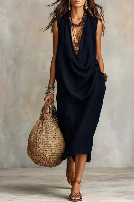 Black drape dress, sleeveless cowl neckline with gathered front, mid-calf length