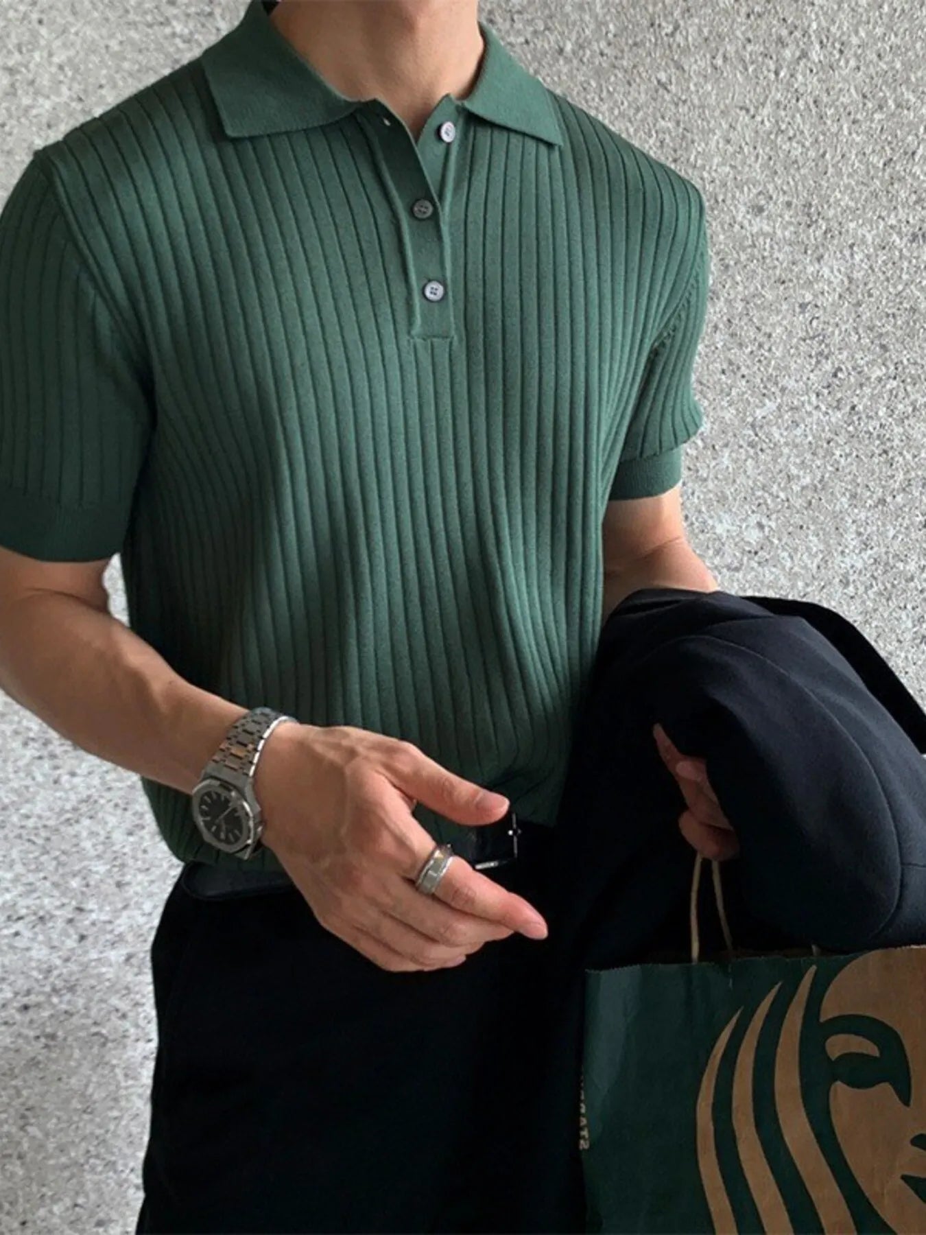 Ribbed Knit Polo Shirt