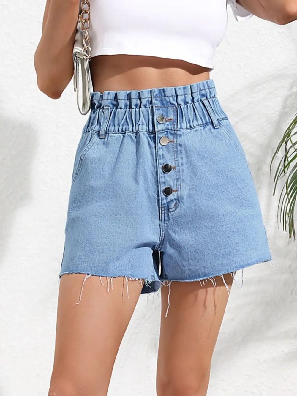 V High-Waisted Denim Shorts