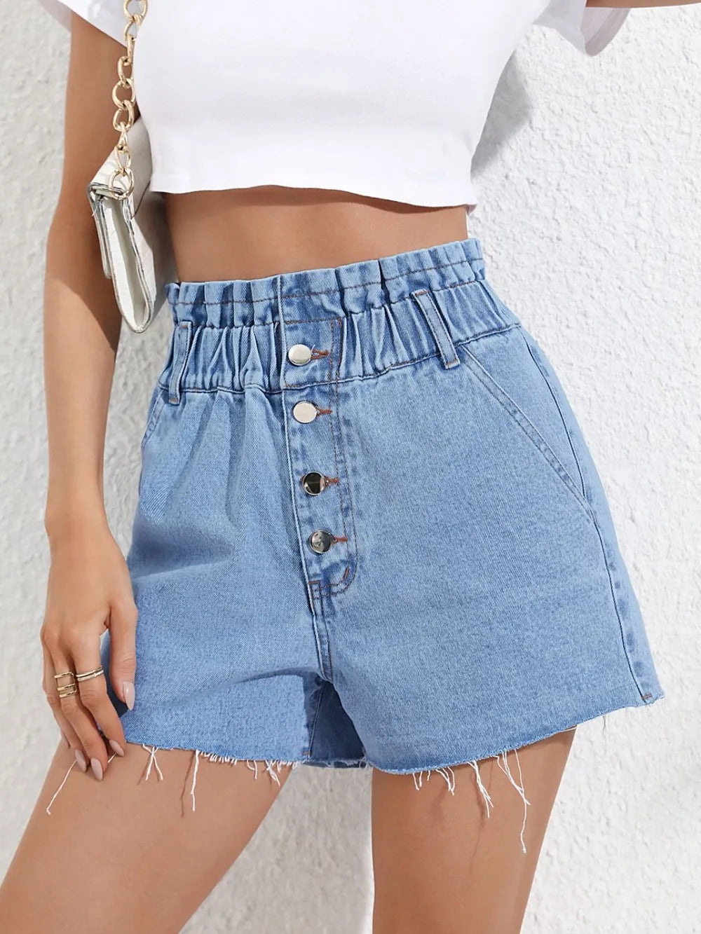 V High-Waisted Denim Shorts