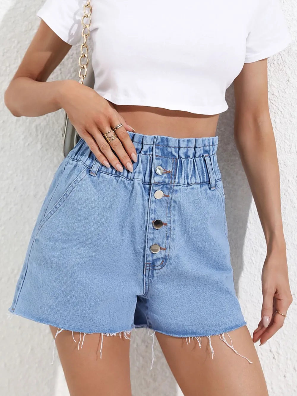V High-Waisted Denim Shorts