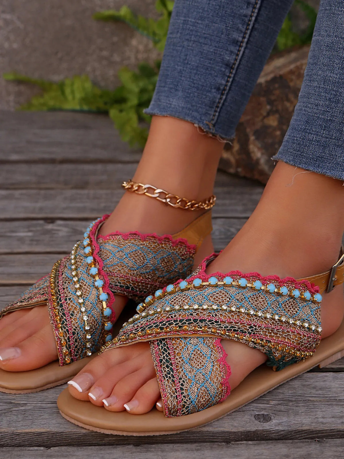 Multicolor beaded flat cross-strap sandals with ankle buckle and toe post