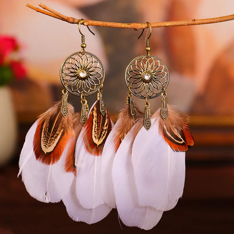 Feather Boho Earrings Pinky White