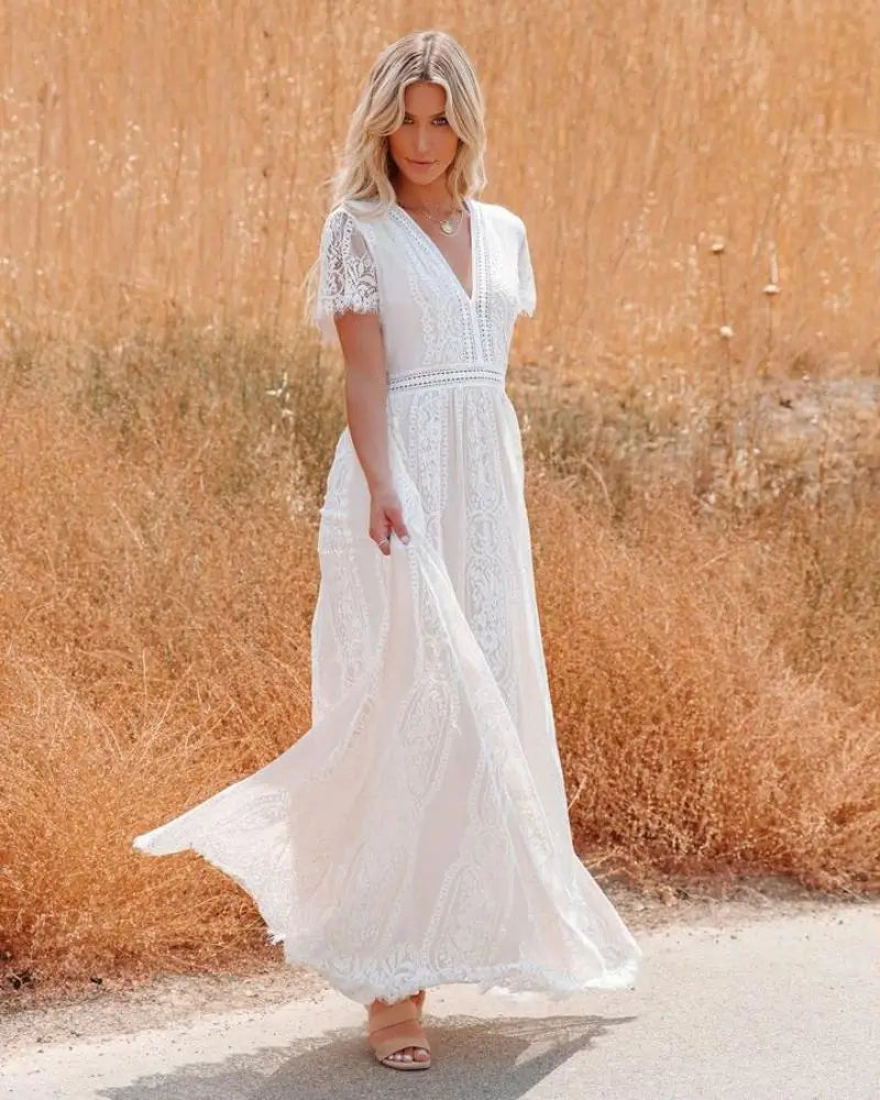 V-Neck Lace Maxi Dress