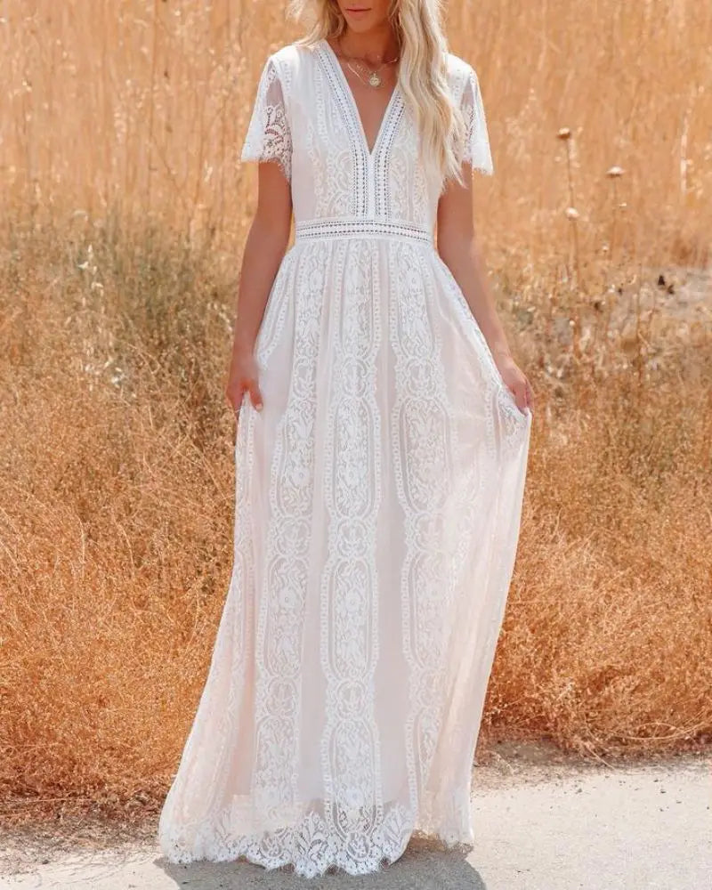 V-Neck Lace Maxi Dress