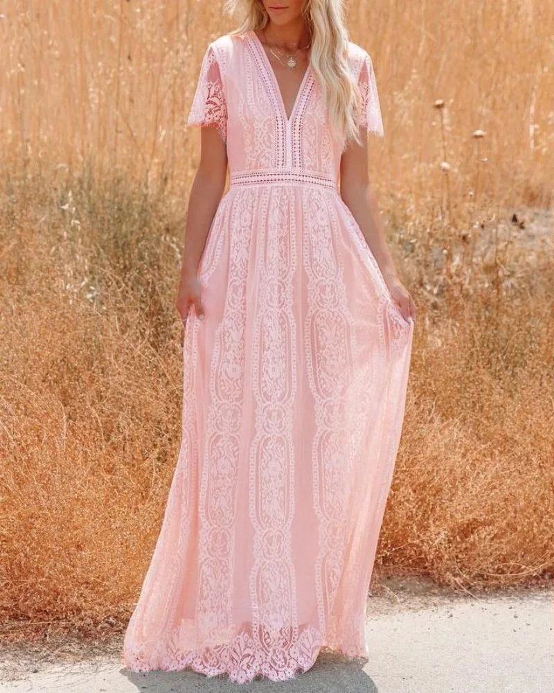 V-Neck Lace Maxi Dress