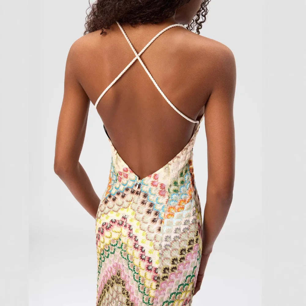 Boho patchwork maxi dress back view with crisscross straps and multicolor zigzag print