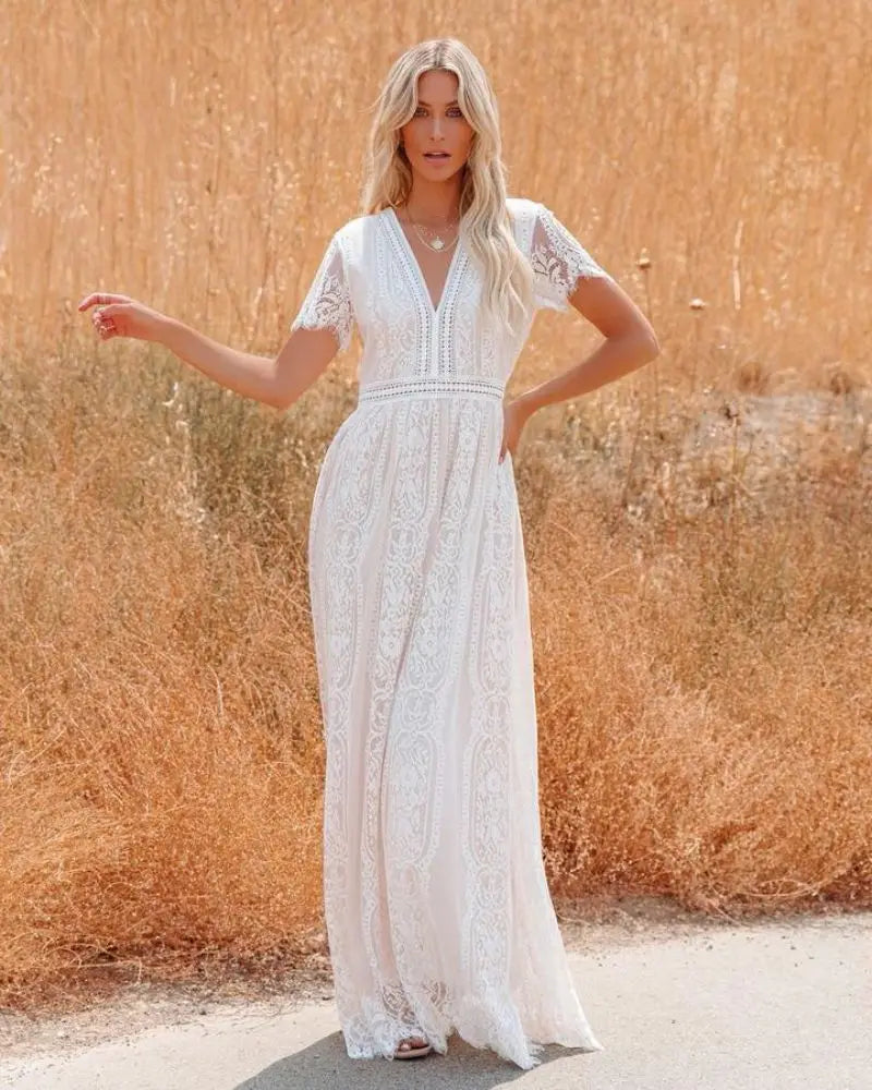 V-Neck Lace Maxi Dress