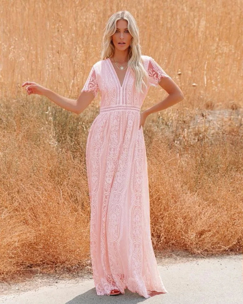 V-Neck Lace Maxi Dress