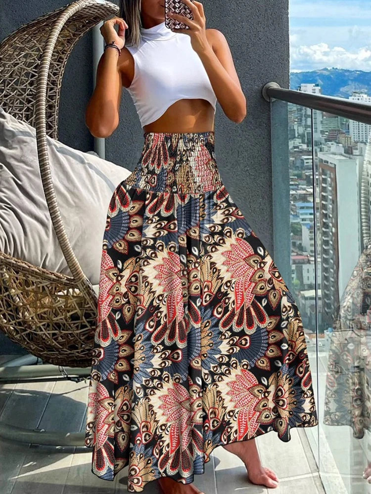 High-Waisted Boho Skirt Black Red