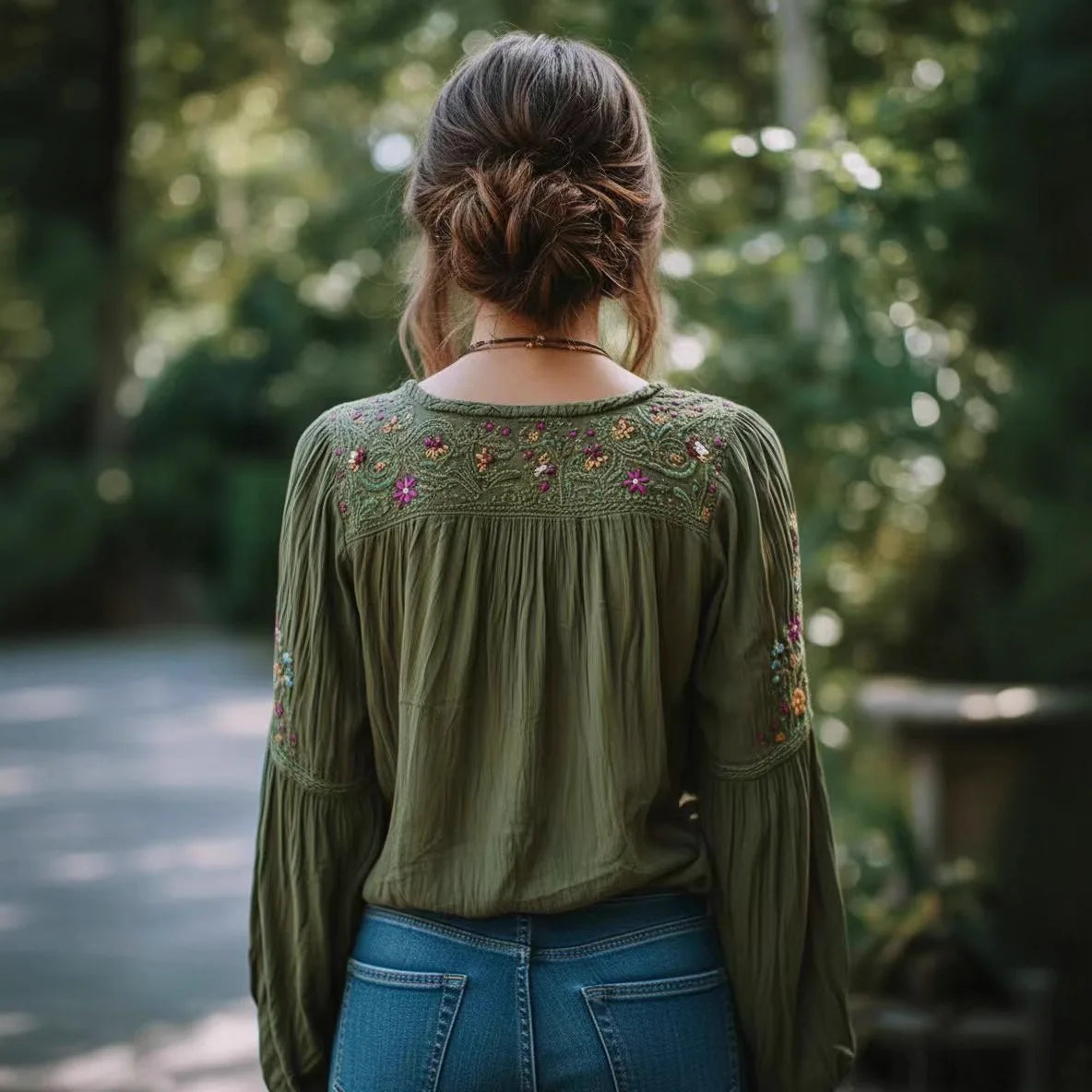 Olive green embroidered ethnic top, back view with floral yoke and long sleeves