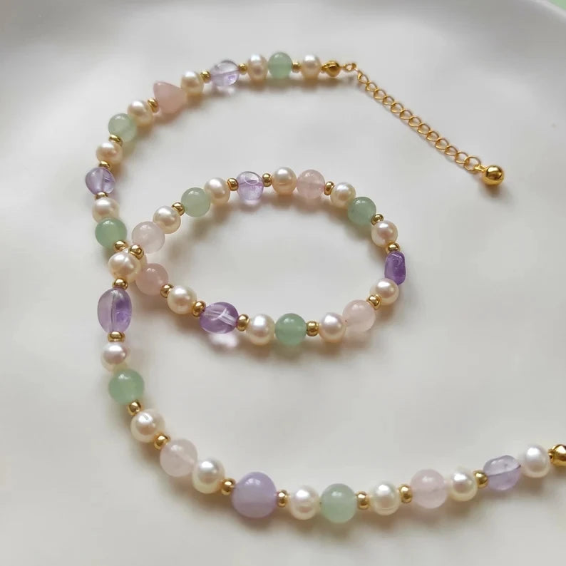 Pearl Amethyst and Pink Quartz Necklace