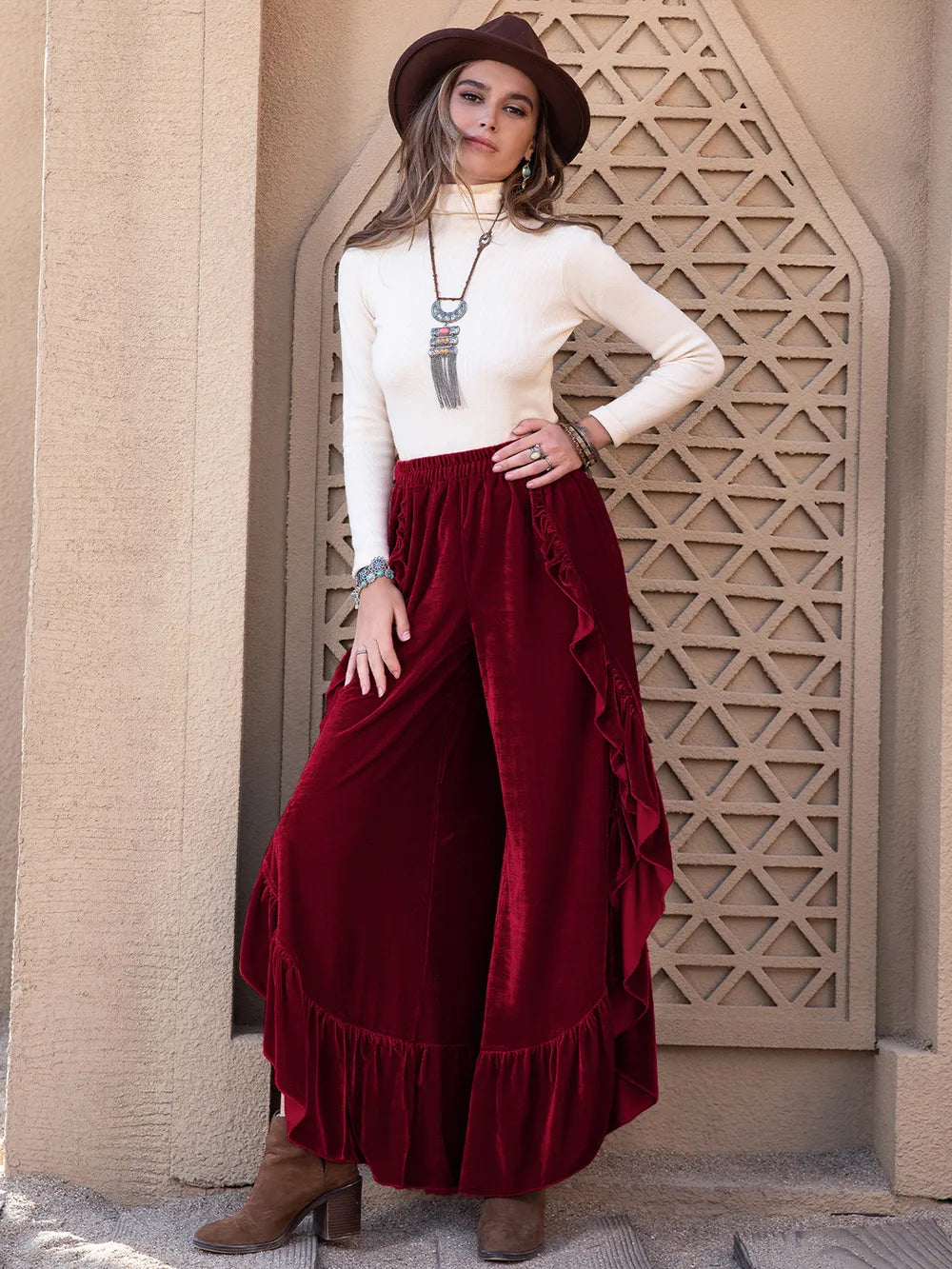 Slit Ruffle Wide Leg Pants Burgundy