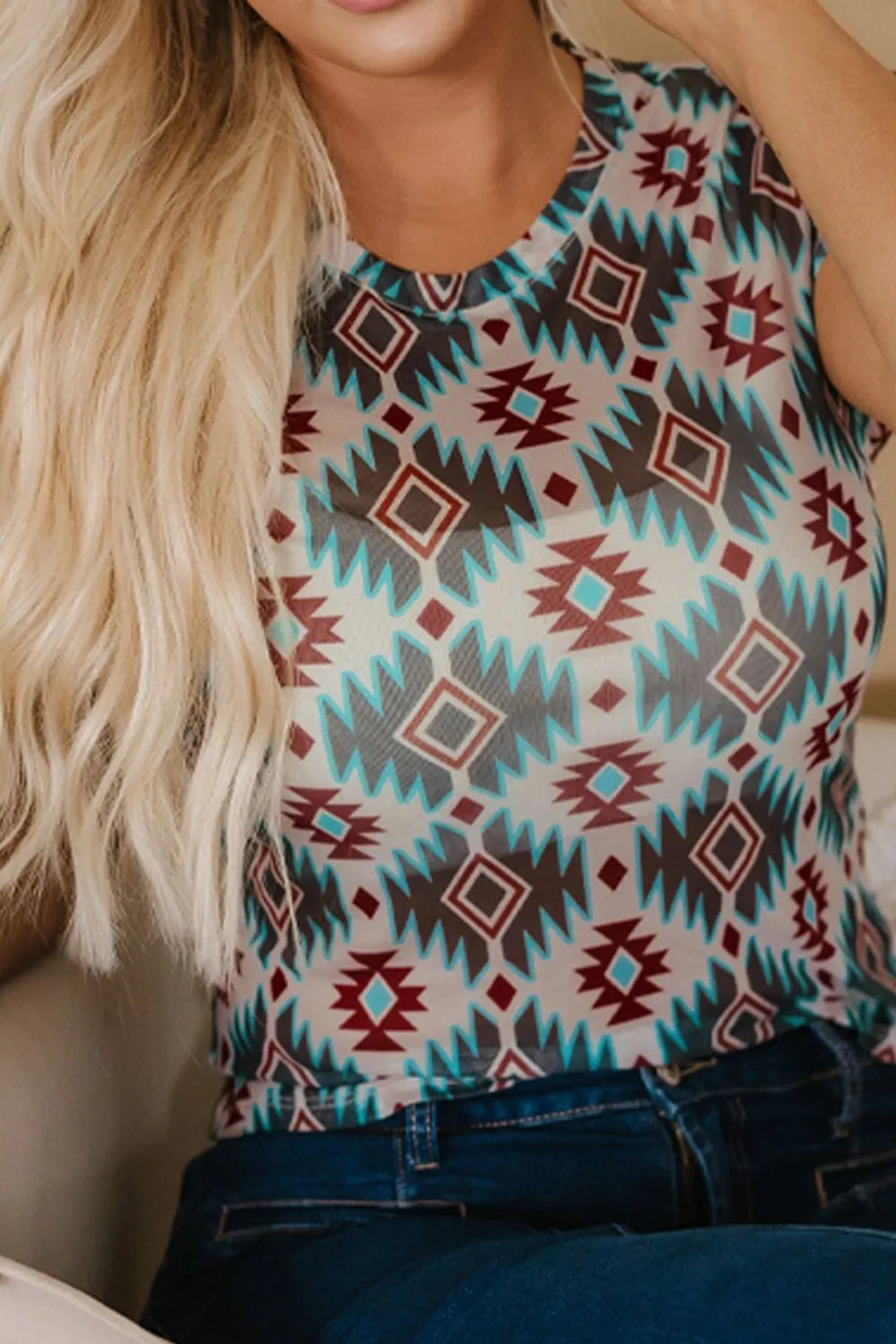 Aztec Print Mesh T Shirt