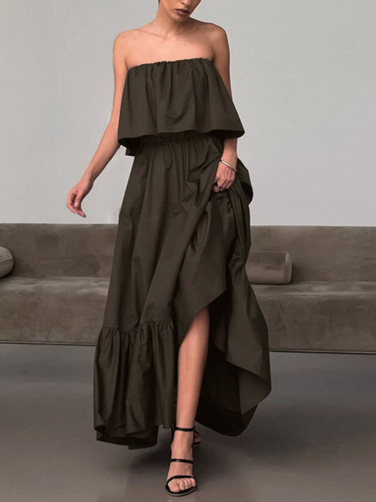 Dark brown strapless puff dress with ruffled bust and tiered asymmetrical skirt