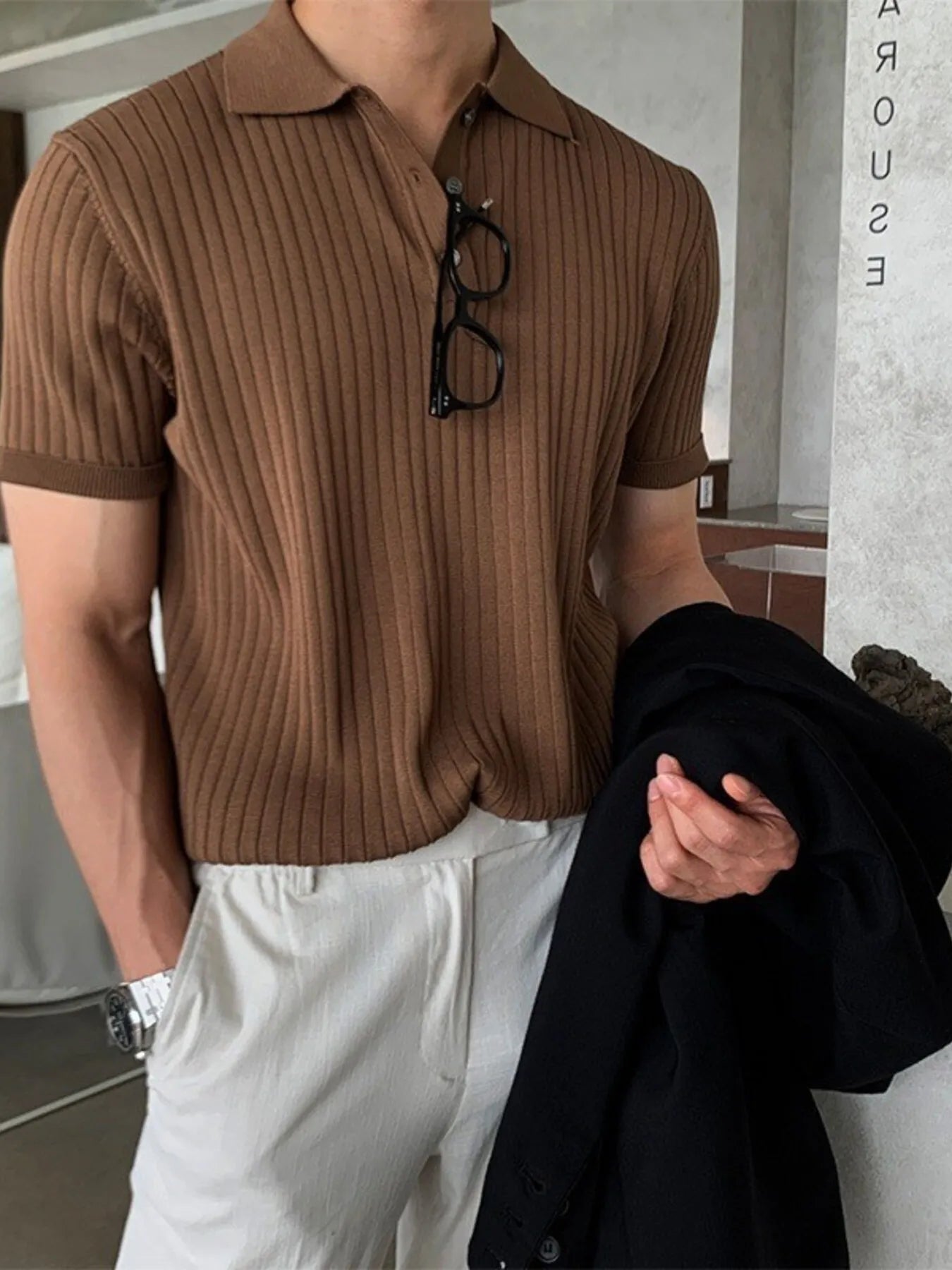 Ribbed Knit Polo Shirt