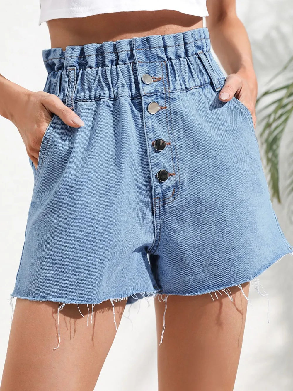 V High-Waisted Denim Shorts