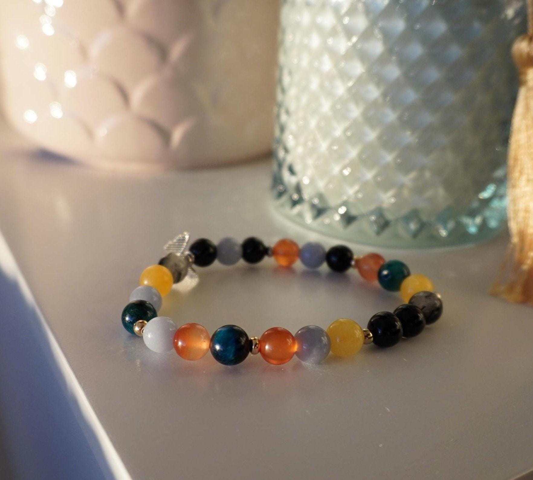 Gemstone Charm Bracelets! Protection & Happiness - Angelite - Yellow Agate - Black Onyx - Orange Agate - Tourmalated Quartz - Blue Tiger Eye
