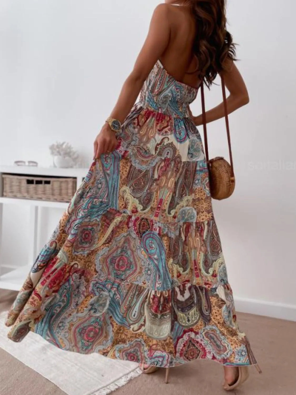 Printed Halter Maxi Dress Blue Flower