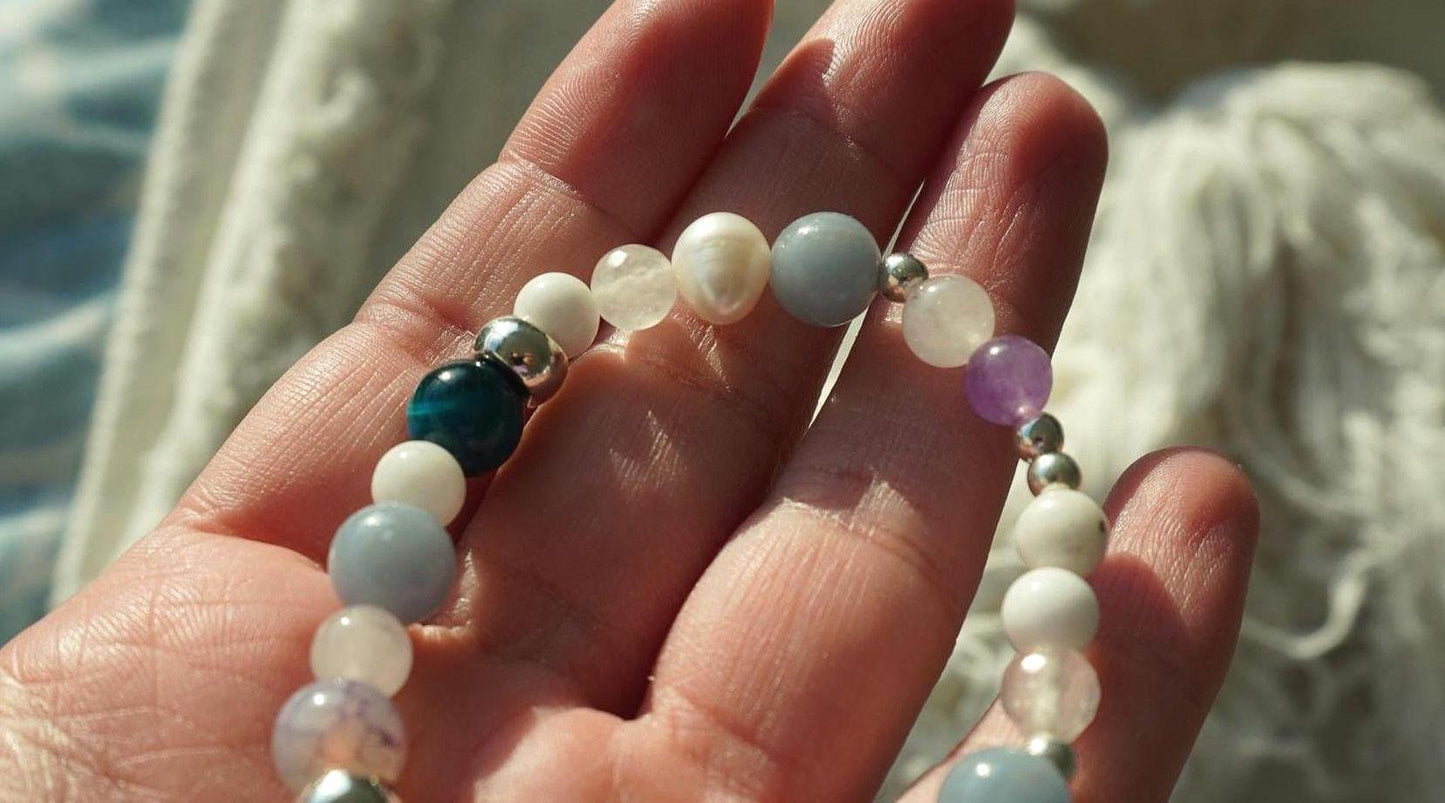 Gemstone Charm Bracelets! Peace Purity & Positivity - Angelite - Amethyst - White Jade - White Freshwater Pearls - Blue Quartz - Blue Tiger Eye - Chalcedony - Zebra Jasper