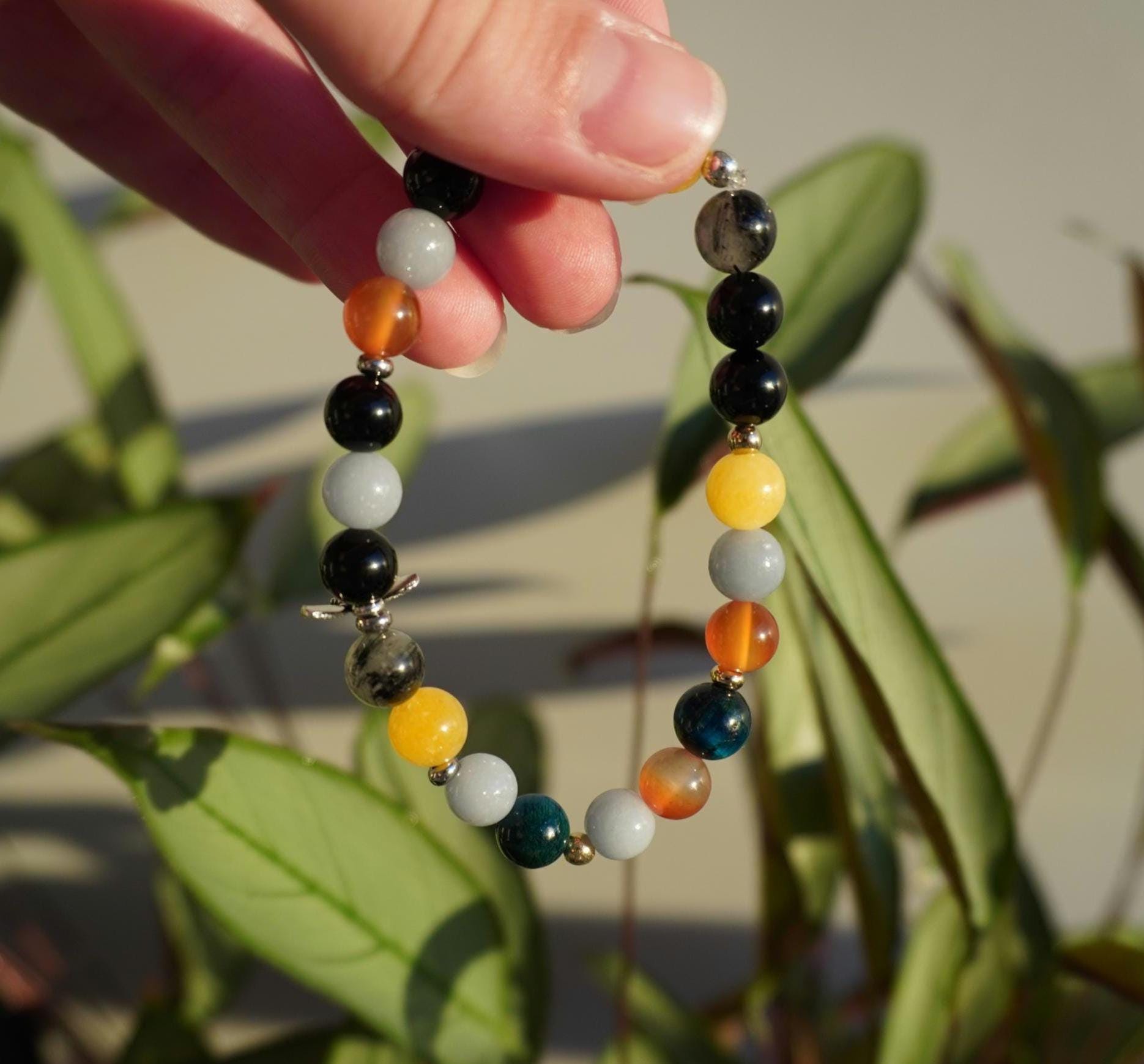 Gemstone Charm Bracelets! Protection & Happiness - Angelite - Yellow Agate - Black Onyx - Orange Agate - Tourmalated Quartz - Blue Tiger Eye