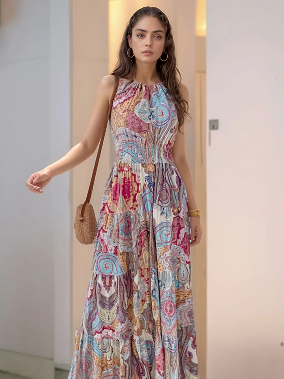 Printed Halter Maxi Dress Blue Flower