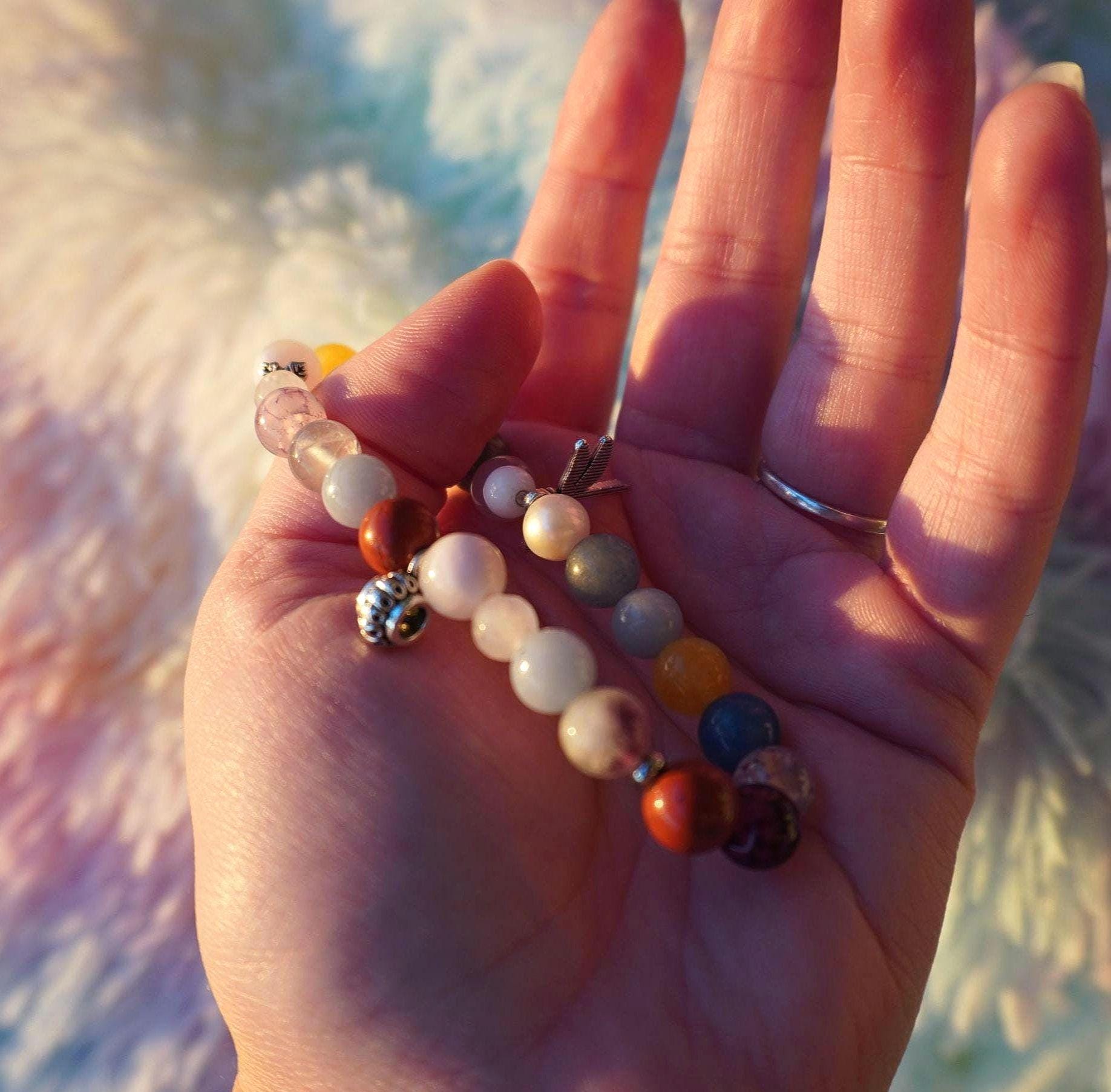 Gemstone Charm Bracelets! Peace & Positivity - Red Jasper - Angelite - White Jade - Morganite - Fluorite - Yellow Agate - Blue Quartz - Freshwater White Pearl - Black Onyx