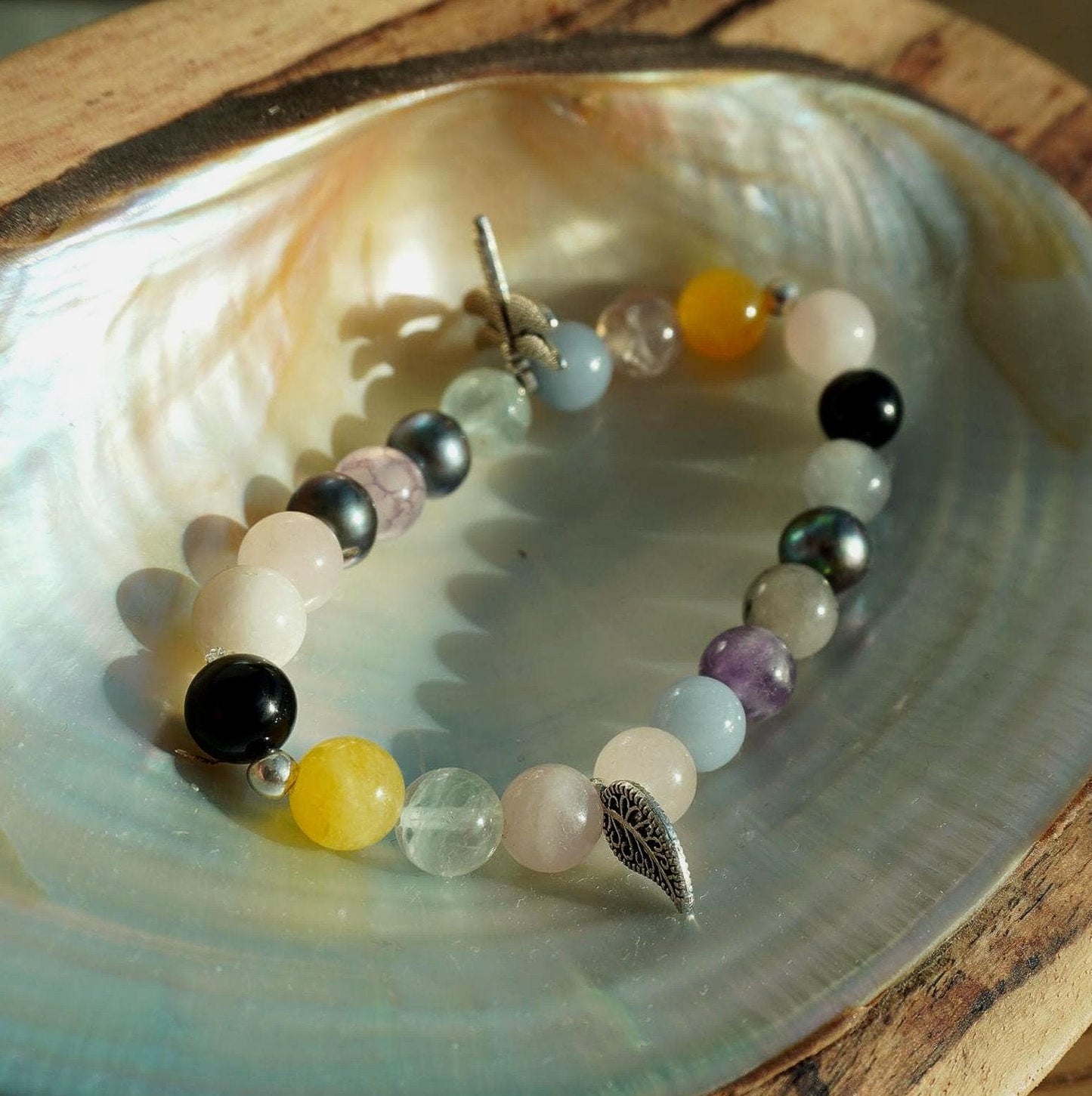 Gemstone Charm Bracelets! Happiness & Life - Purple Freshwater Pearls - Rose Quartz - Yellow Agate - Morganite - Tourmalated Quartz - Fluorite - Angelite - Black Onyx