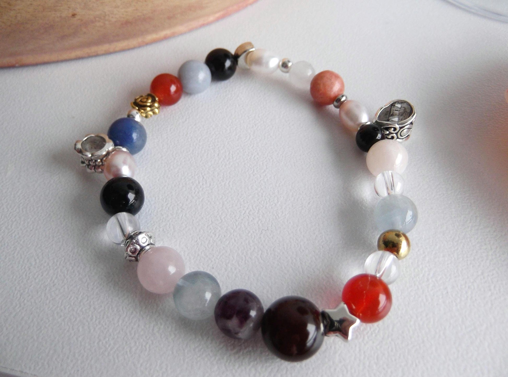 Gemstone Charm Bracelets! Happiness Peace & Clarity - Red Jasper - Orchid Calcite - Clear Quartz - Black and Orange Agate - Angelite - Amethyst - White Jade - Pink and Purple Freshwater Pearls - Black Agate - Blue Tiger Eye - Rainbow Fluorite - Rose Quartz - Purple Jade