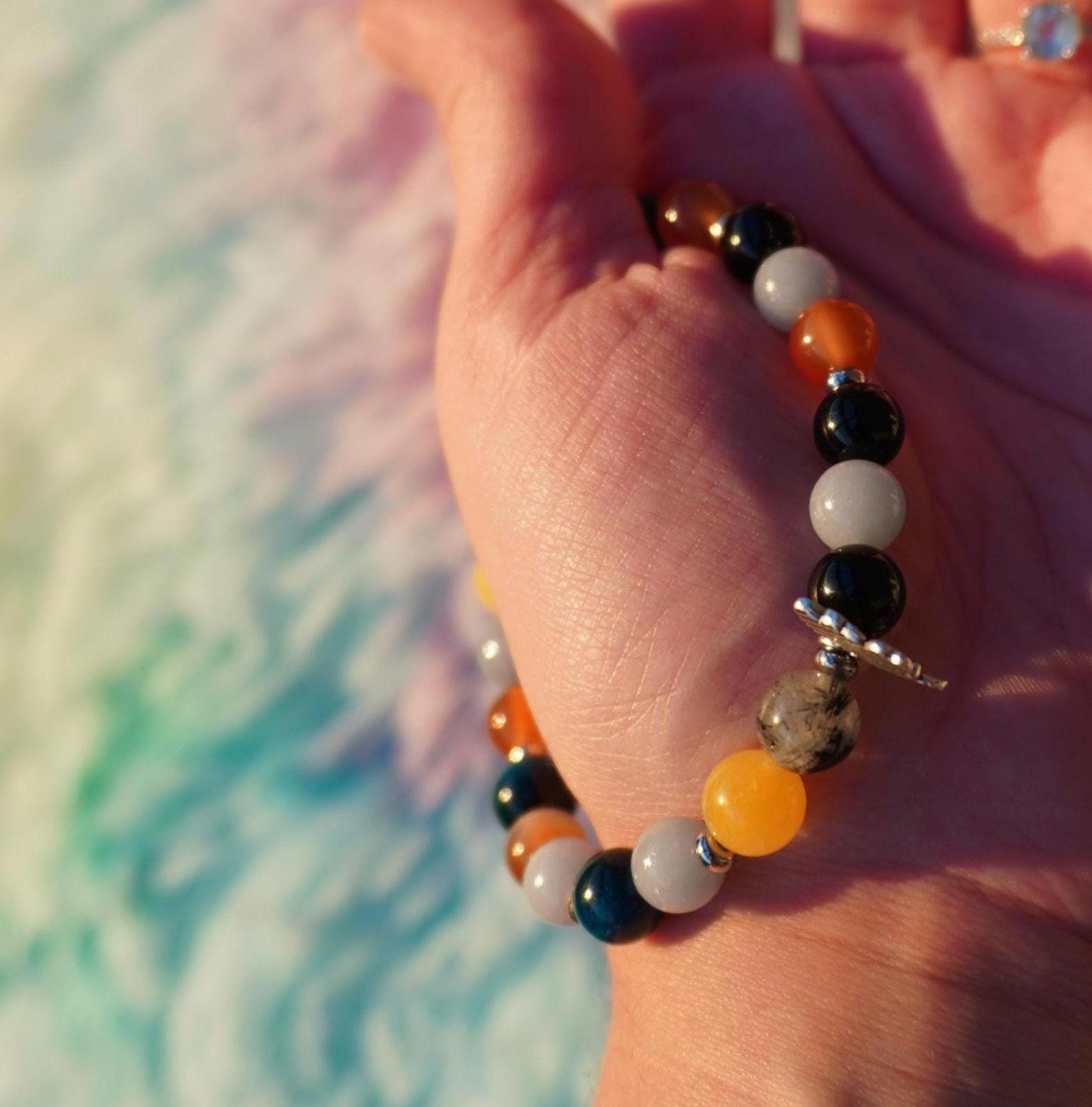 Gemstone Charm Bracelets! Protection & Happiness - Angelite - Yellow Agate - Black Onyx - Orange Agate - Tourmalated Quartz - Blue Tiger Eye