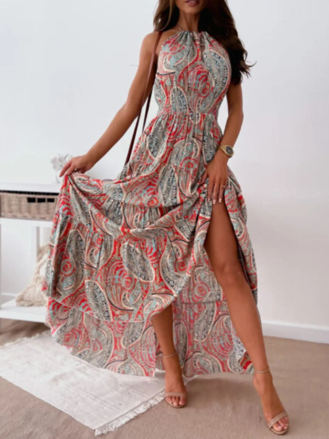Printed Halter Maxi Dress Red Flower