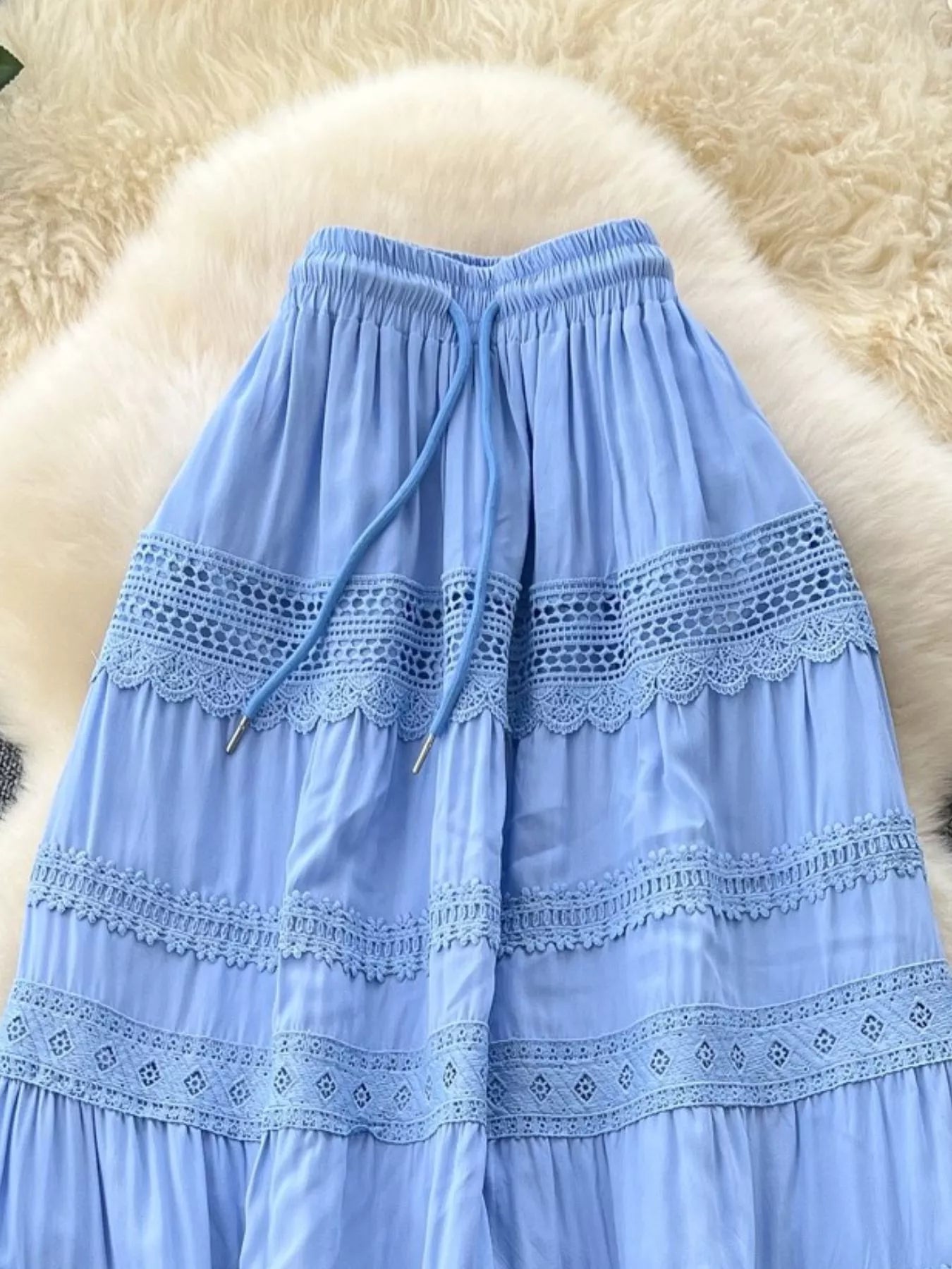 Blue boho skirt with drawstring elastic waist and tiered lace ruffles