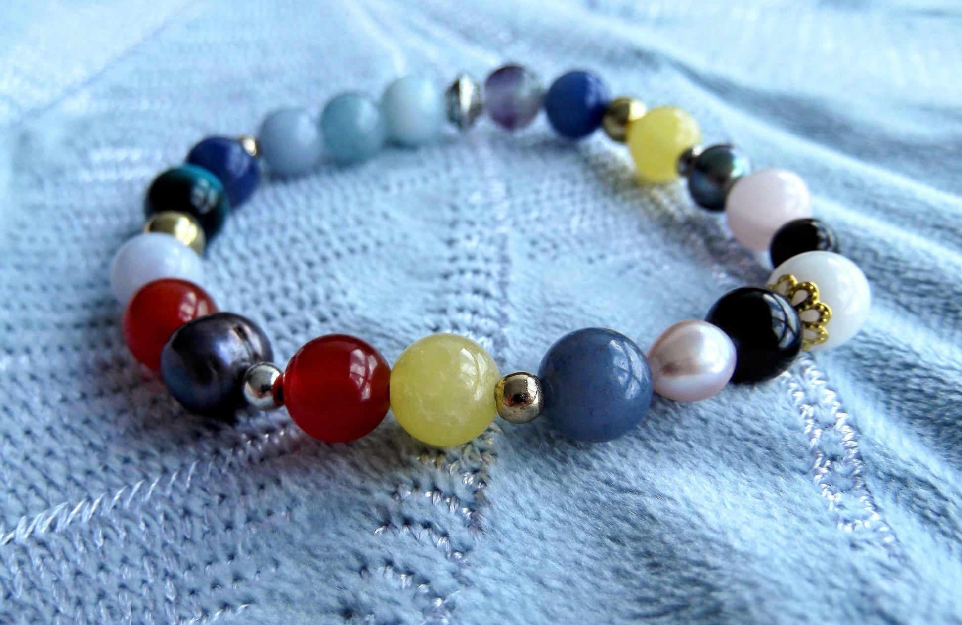 Gemstone Charm Bracelets! Happiness & Joy - Yellow Agate - Black Agate - Pink & Purple Freshwater Pearls - Blue Tiger Eye - Black Onyx - Red Jasper - Rainbow Fluorite - Blue Quartz - Angelite - Aquamarine - Morganite