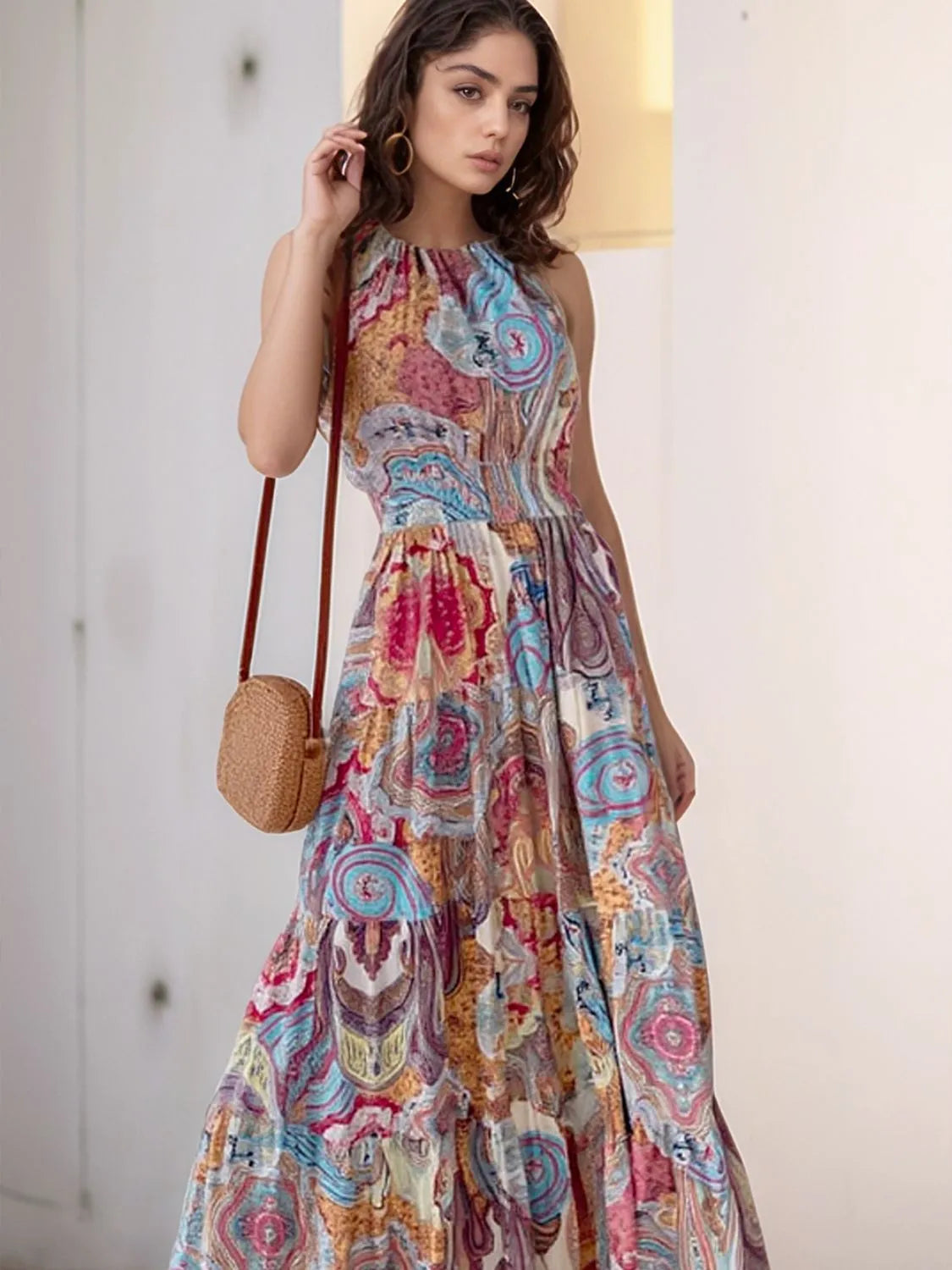Printed Halter Maxi Dress Blue Flower