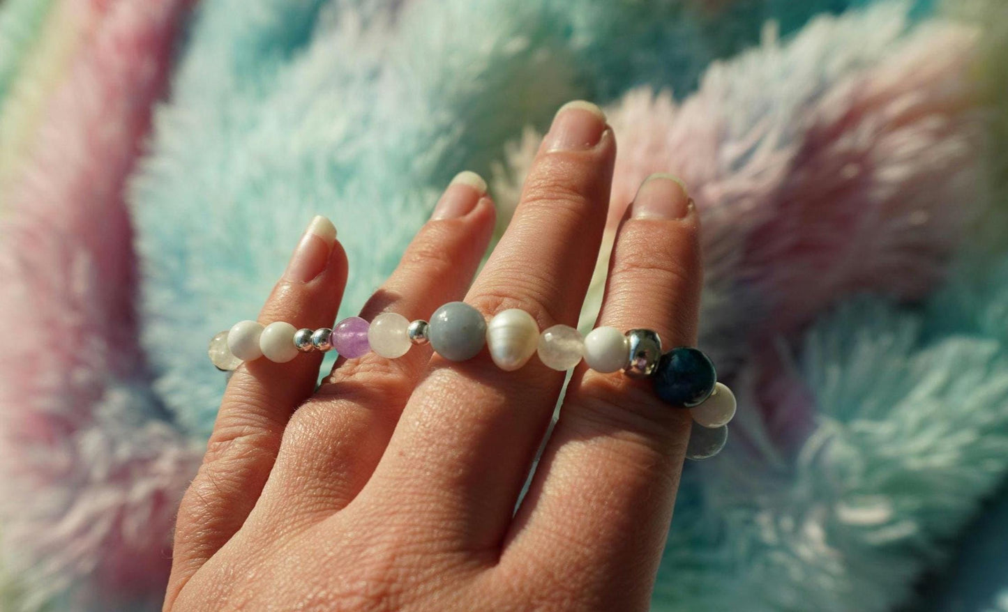 Gemstone Charm Bracelets! Peace Purity & Positivity - Angelite - Amethyst - White Jade - White Freshwater Pearls - Blue Quartz - Blue Tiger Eye - Chalcedony - Zebra Jasper