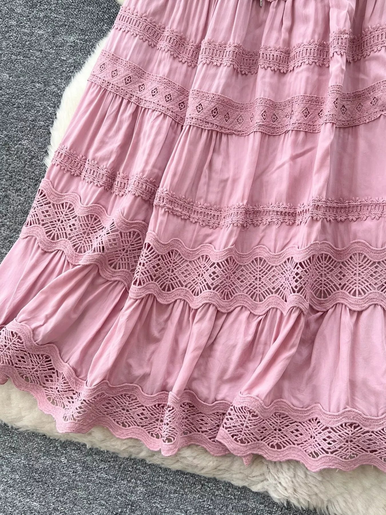 Pink boho skirt with scalloped lace hem and layered ruffles