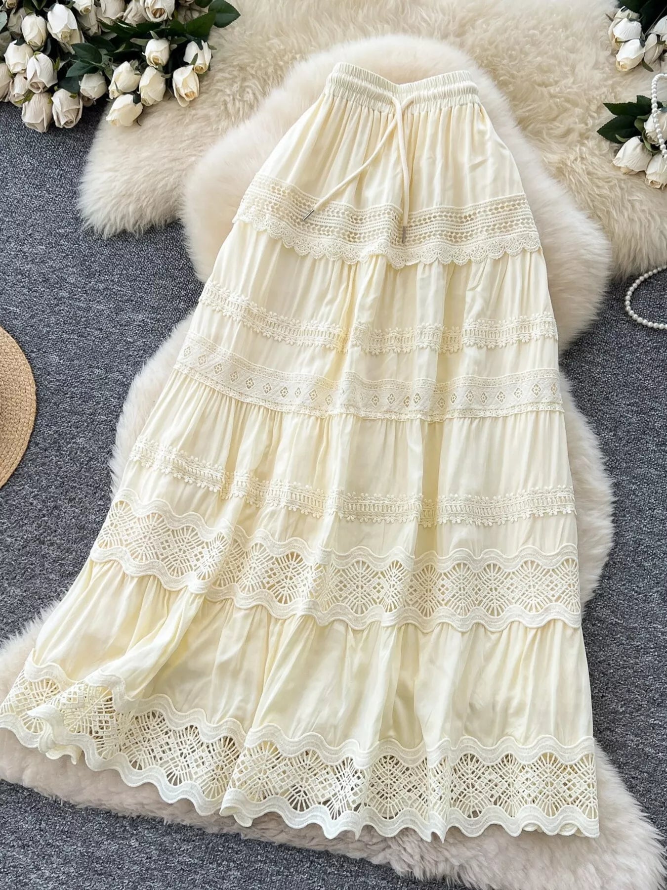 Cream boho tiered skirt with lace crochet trim and elastic waist
