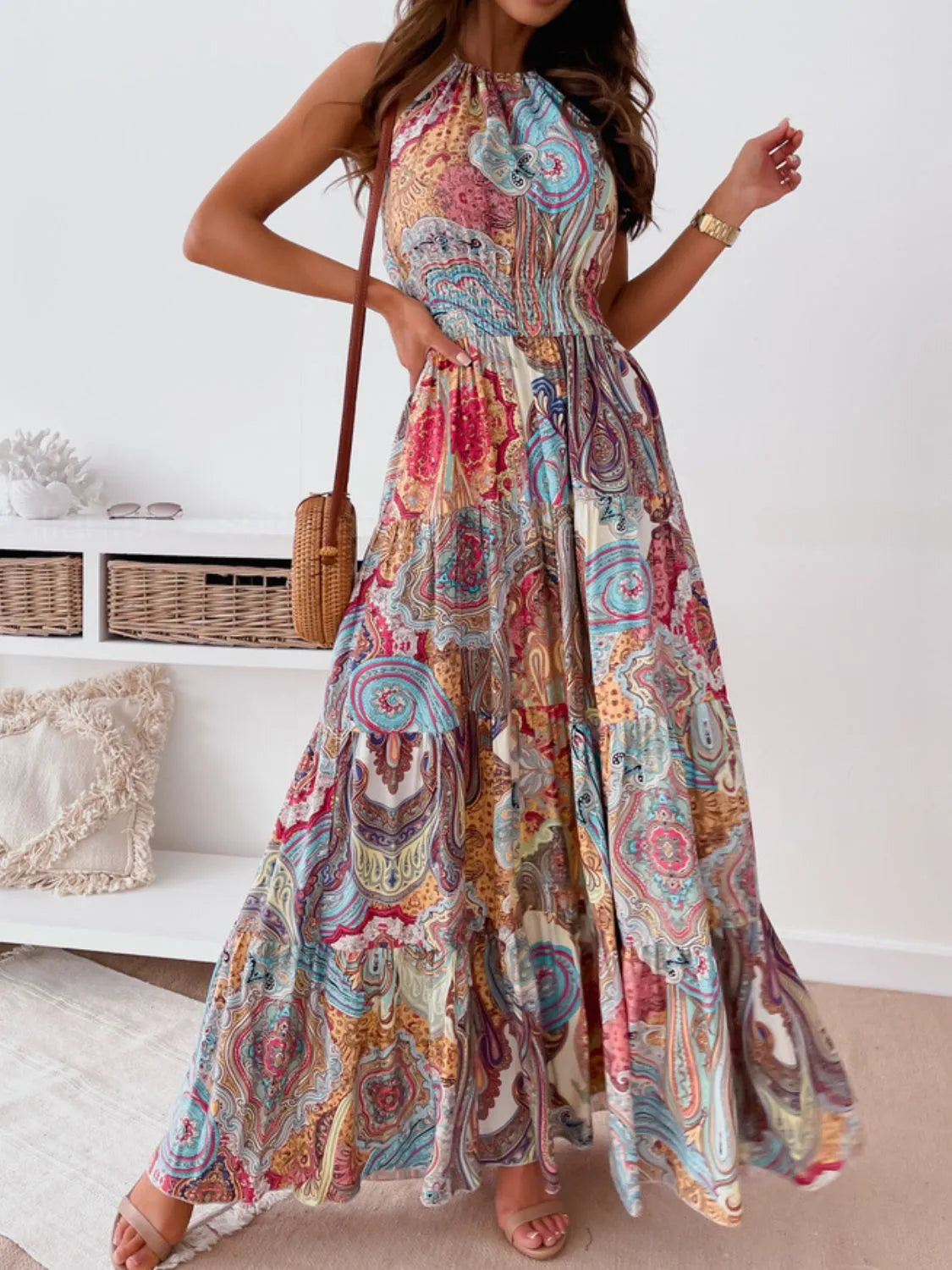 Printed Halter Maxi Dress Blue Flower