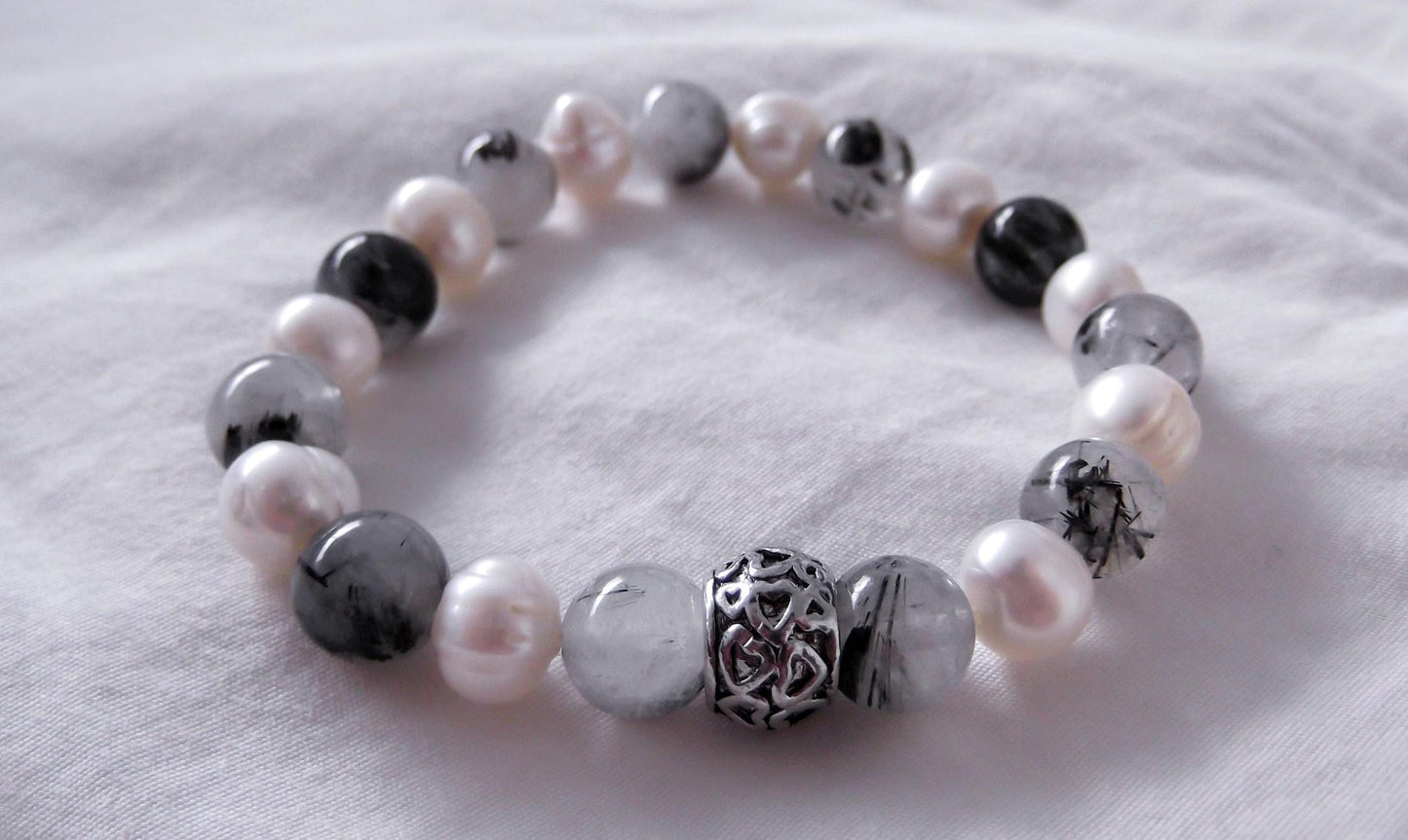 Gemstone Charm Bracelets! Positivity & Purity - White Freshwater Pearls - Tourmalated Quartz