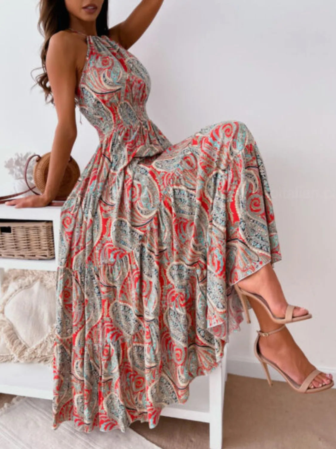 Printed Halter Maxi Dress Red Flower