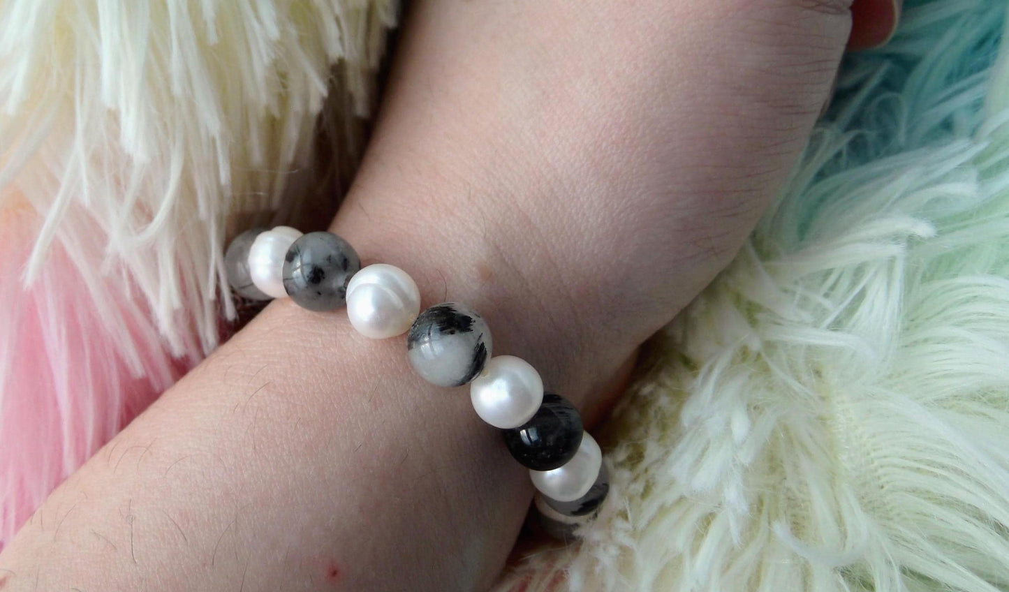 Gemstone Charm Bracelets! Positivity & Purity - White Freshwater Pearls - Tourmalated Quartz