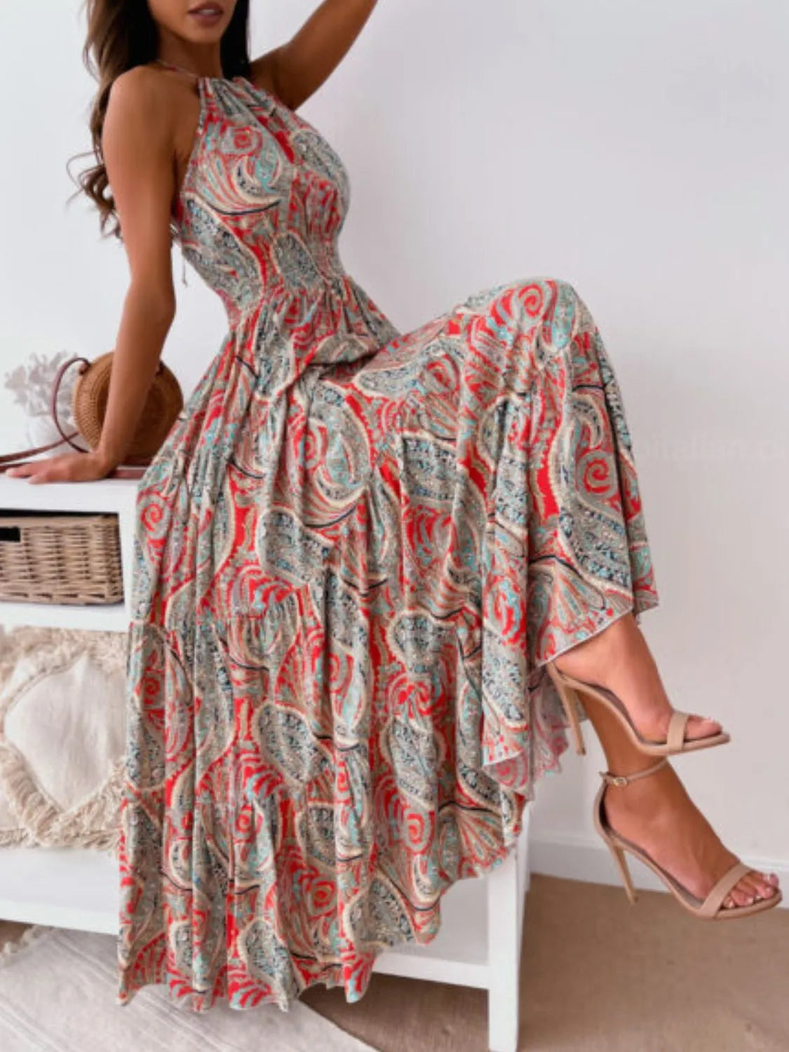 Printed Halter Maxi Dress Red Flower