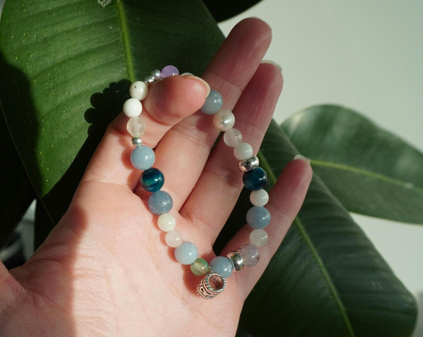 Gemstone Charm Bracelets! Peace Purity & Positivity - Angelite - Amethyst - White Jade - White Freshwater Pearls - Blue Quartz - Blue Tiger Eye - Chalcedony - Zebra Jasper