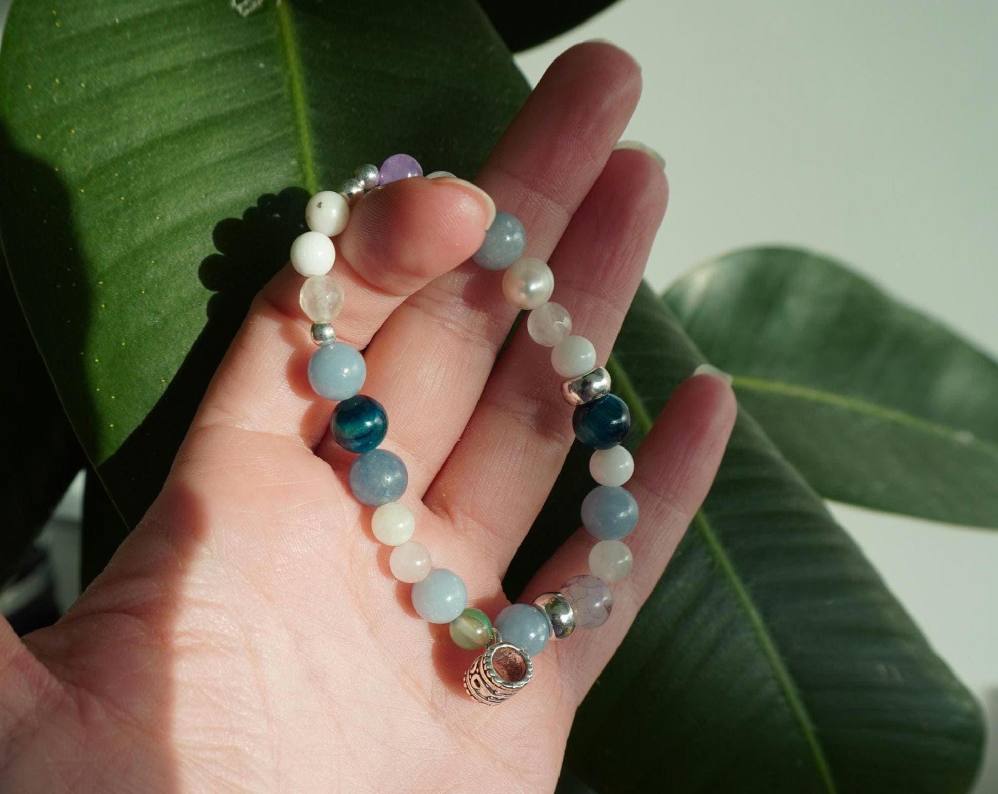 Gemstone Charm Bracelets! Peace Purity & Positivity - Angelite - Amethyst - White Jade - White Freshwater Pearls - Blue Quartz - Blue Tiger Eye - Chalcedony - Zebra Jasper