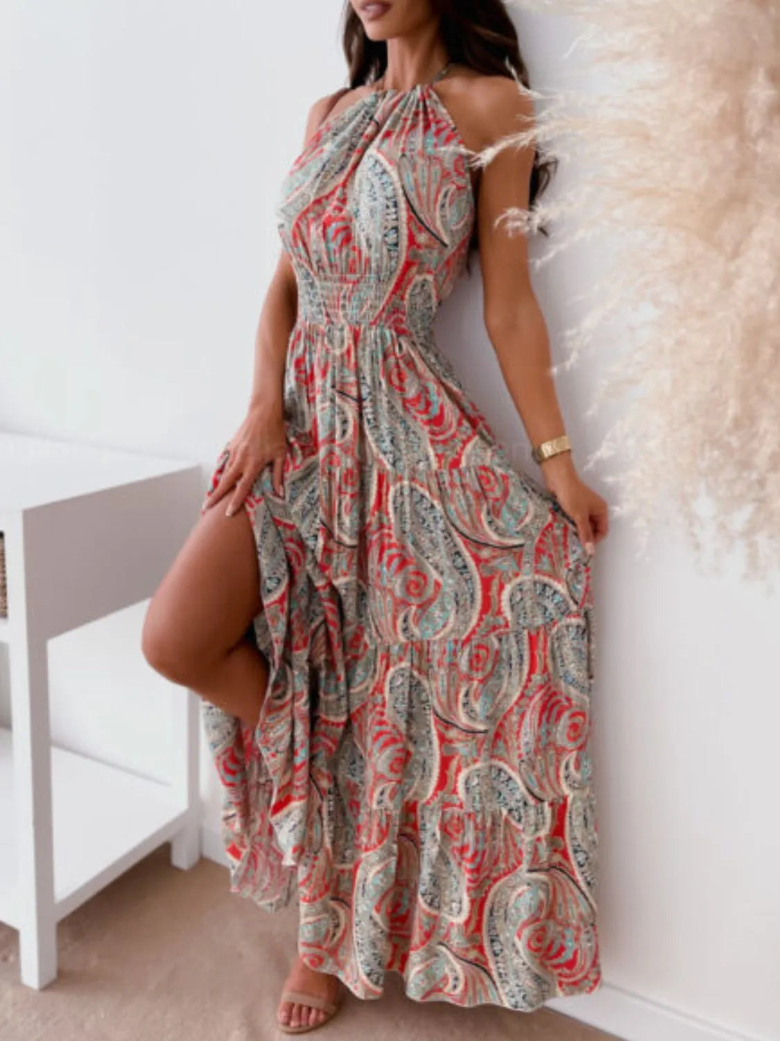 Printed Halter Maxi Dress Red Flower