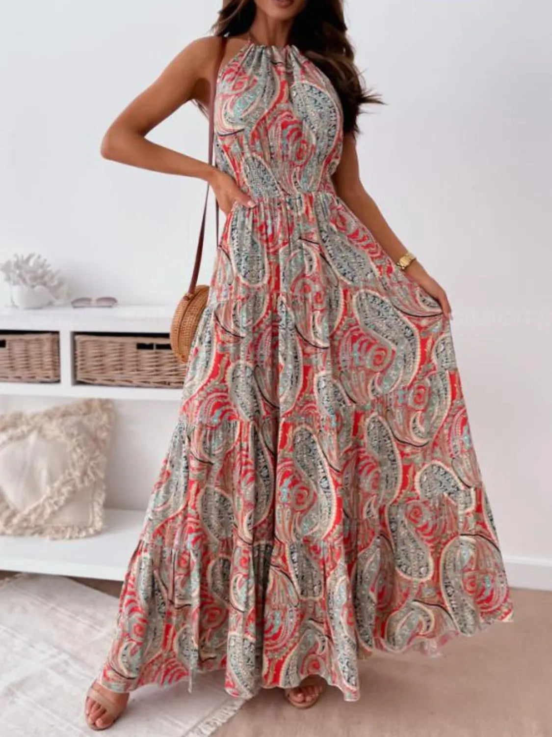 Printed Halter Maxi Dress Red Flower