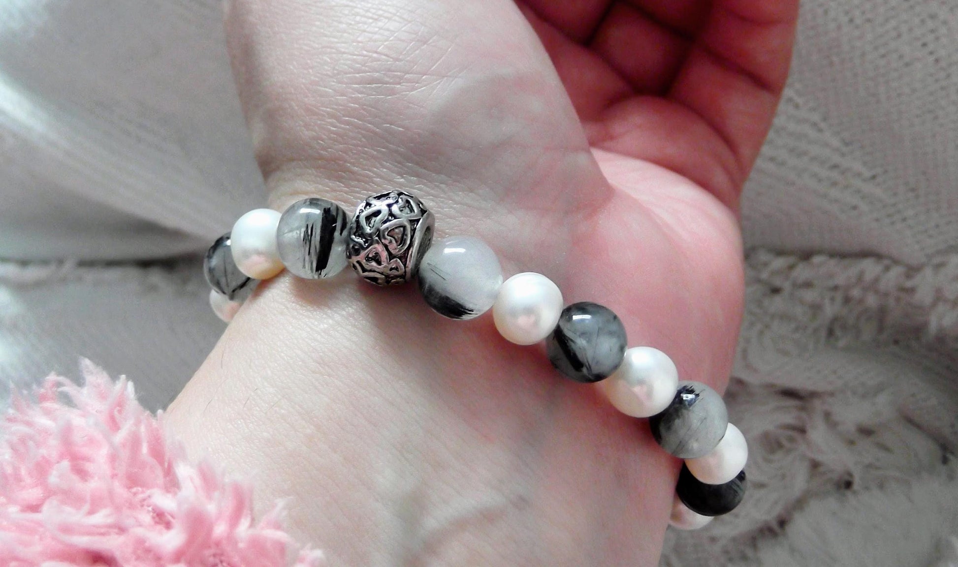 Gemstone Charm Bracelets! Positivity & Purity - White Freshwater Pearls - Tourmalated Quartz