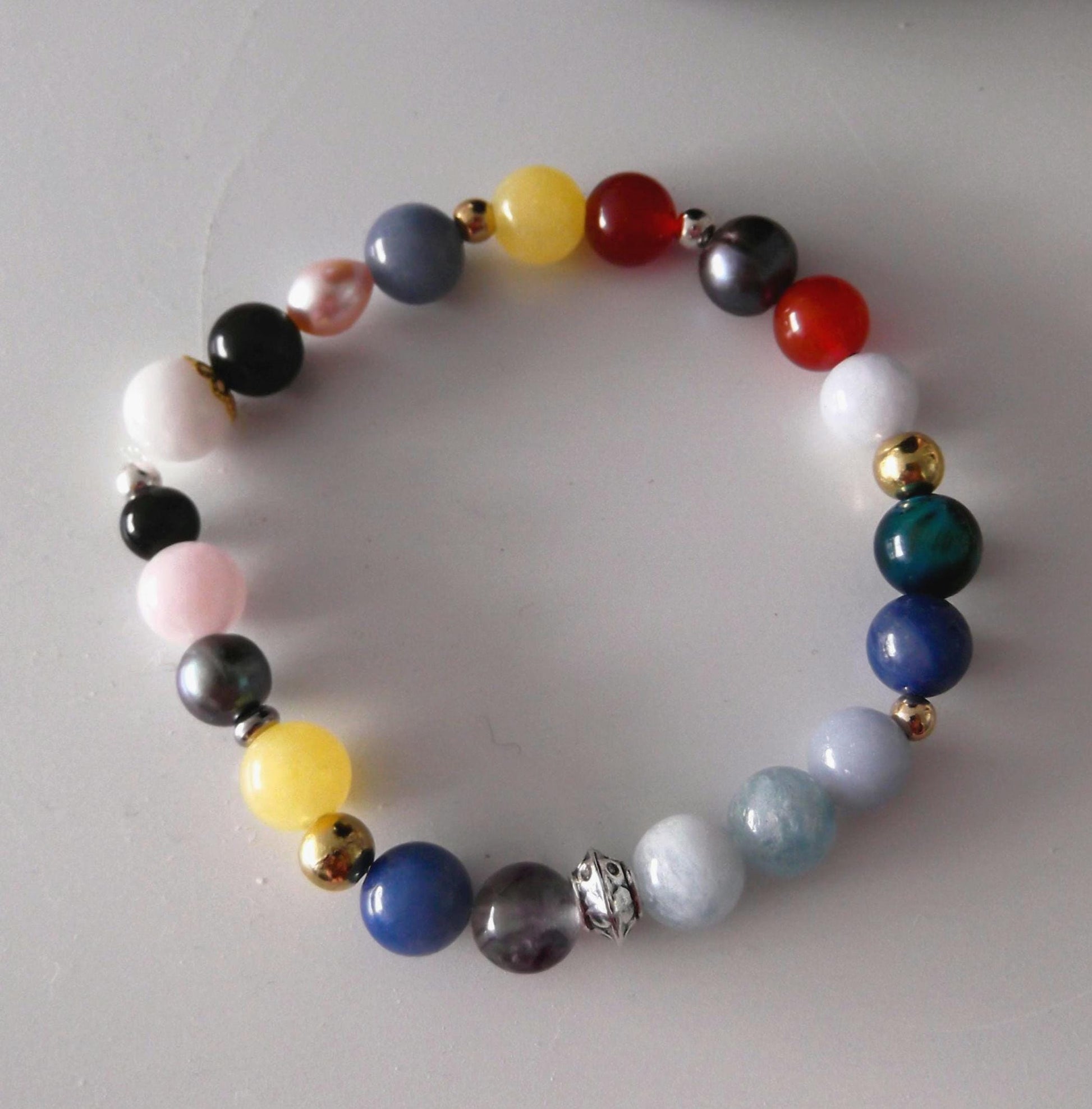 Gemstone Charm Bracelets! Happiness & Joy - Yellow Agate - Black Agate - Pink & Purple Freshwater Pearls - Blue Tiger Eye - Black Onyx - Red Jasper - Rainbow Fluorite - Blue Quartz - Angelite - Aquamarine - Morganite
